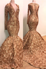 Chic V-neck Elegant Long Sleeves Gold Sparkle Appliques Prom Party Gowns-Ballbella