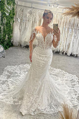 Chic V-Neck Long Sleeves Mermaid Lace Wedding Dress-Ballbella