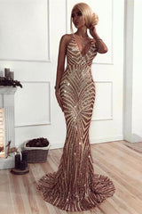 Chic V-Neck Mermaid Prom Party Gowns| Sequins Long Evening Dress-Ballbella
