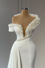 Chic V-neck Off-the-shoulder Beading Sleeveless Mermaid Bridal Dress-Ballbella