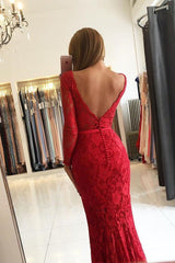Chic V-neck Open Back Scarlet Lace Evening Dresses Elegant Long Sleeves Fit and Flare Wholesale Prom Dresses-Ballbella