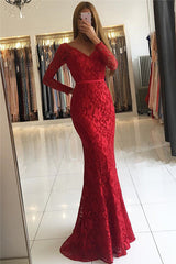 Chic V-neck Open Back Scarlet Lace Evening Dresses Elegant Long Sleeves Fit and Flare Wholesale Prom Dresses-Ballbella
