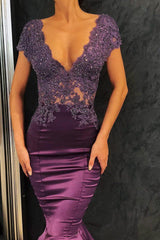 Chic V-Neck Short Sleeves Evening Dresses Mermaid Beadings Long Formal Dresses-Ballbella