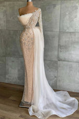 Chic White Mermaid Prom Dress with Appliques and Beaded Long Sleeves-Ballbella
