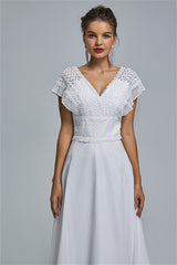 Chiffon A-line Portrait V-neck Applique Floor-length Sleeveless Wedding Dress Cover-Ballbella