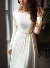Chiffon Lace Wedding Dress Long Sleeves Sweep Train-Ballbella