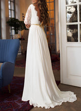 Chiffon Lace Wedding Dress Long Sleeves Sweep Train-Ballbella