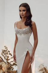 Chraming Square Sleeveless Wedding Dress with pearls-Ballbella