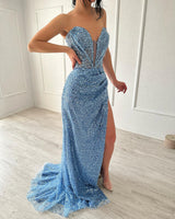 Classic A-line V-neck Sleeveless Split Front Sequined Blue Prom Dress-Ballbella