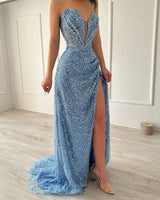 Classic A-line V-neck Sleeveless Split Front Sequined Blue Prom Dress-Ballbella
