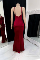 Classic Burgundy Spaghetti-Straps V-Neck Sleeveless Satin Prom Dresses Mermaid Backless With Ruffles Zipper-Ballbella