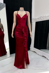 Classic Burgundy Spaghetti-Straps V-Neck Sleeveless Satin Prom Dresses Mermaid Backless With Ruffles Zipper-Ballbella