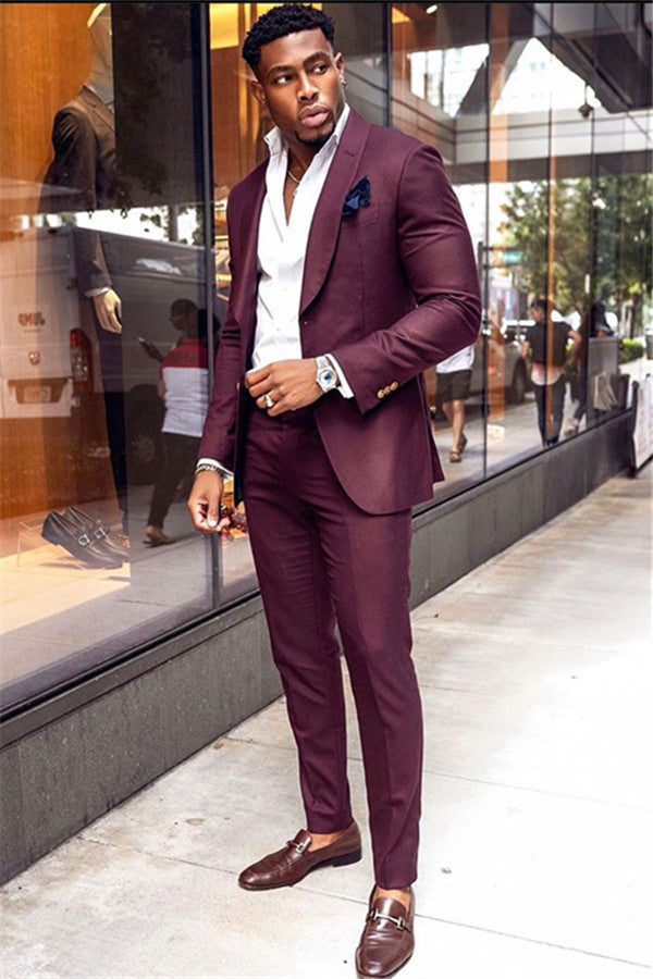Classic Burgundy Two-Pieces Men Suits Shawl Lapel Bespoke Prom
