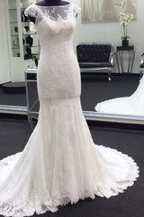 Classic Cap Sleeves White Illusion neck Lace Mermaid Wedding Dress with Court Train-Ballbella