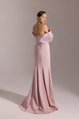 Classic Dusty Pink Off-The-Shoulder Mermaid Satin Prom Dresses Column High Split With Zipper-Ballbella