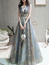 Classic evening dress A Line Sleeveless Floor Length Jewel Neck Lace Appliqued Formal Occasion Dresses-Ballbella