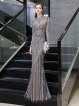 Classic Evening Dresses Mermaid Jewel Long Sleeve Floor Length Formal Dinner Dress-Ballbella