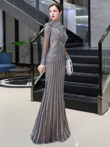 Classic Evening Dresses Mermaid Jewel Long Sleeve Floor Length Formal Dinner Dress-Ballbella