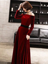 Classic Evening Dresses Velvet Long Sleeve Off Shoulder Maxi Dresses-Ballbella