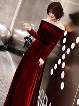 Classic Evening Dresses Velvet Long Sleeve Off Shoulder Maxi Dresses-Ballbella