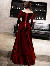 Classic Evening Dresses Velvet Long Sleeve Off Shoulder Maxi Dresses-Ballbella