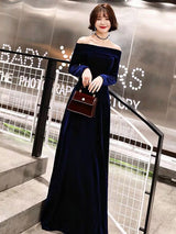 Classic Evening Dresses Velvet Long Sleeve Off Shoulder Maxi Dresses-Ballbella