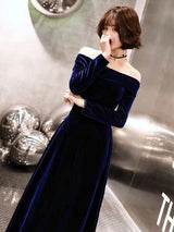 Classic Evening Dresses Velvet Long Sleeve Off Shoulder Maxi Dresses-Ballbella
