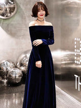 Classic Evening Dresses Velvet Long Sleeve Off Shoulder Maxi Dresses-Ballbella
