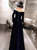 Classic Evening Dresses Velvet Long Sleeve Off Shoulder Maxi Dresses-Ballbella