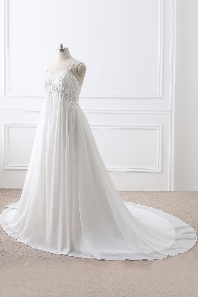 a line chiffon wedding dress Straps Plunging Pleated Long Train Light Ivory / No / Court Train Hand Wash Do Not Dry Clean Professional Spot Clean Only Emmy Long Sleeve A-Line Chiffon