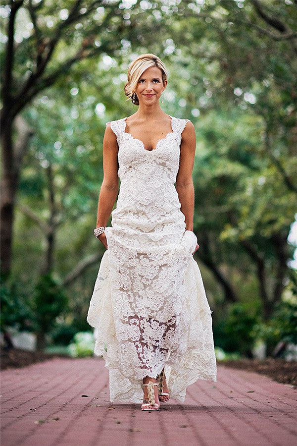 Classic Full Lace Wedding Dress Open Back Sleeveless Summer Bridal Gowns Classic Full Lace Wedding Dress Open Back Sleeveless Summer Bridal Gowns