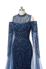 Classic High Collar Long Sleeves Mermaid Prom Dresses Sheath Gem With Beads Zipper-Ballbella
