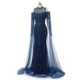 Classic High Collar Long Sleeves Mermaid Prom Dresses Sheath Gem With Beads Zipper-Ballbella