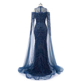 Classic High Collar Long Sleeves Mermaid Prom Dresses Sheath Gem With Beads Zipper-Ballbella