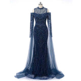 Classic High Collar Long Sleeves Mermaid Prom Dresses Sheath Gem With Beads Zipper-Ballbella