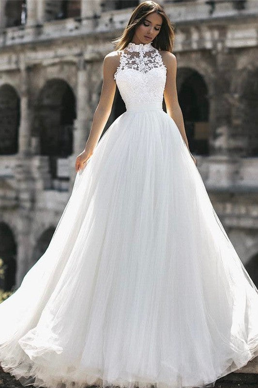 high neck chiffon wedding dress Modest Boat Neck Wedding Dress With Chiffon Sleeves | Gabriella