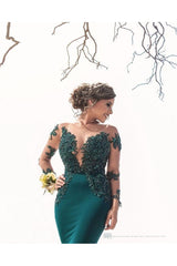 Classic Illusion neck Long Sleeves Blue Lace Appliques Prom Party Gowns with Chapel Train-Ballbella