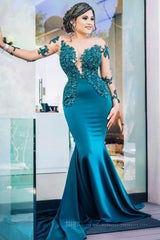 Classic Illusion neck Long Sleeves Blue Lace Appliques Prom Party Gowns with Chapel Train-Ballbella