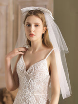 Classic Ivory Three-Tier Bows Mesh Cut Edge Medium Wedding Veil-Ballbella