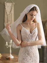 Classic Ivory Two-Tier Lace Tulle Cut Edge Wedding Veils-Ballbella