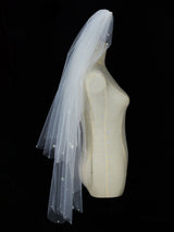 Classic Ivory Two-Tier Pearls Tulle Cut Edge Wedding Veil-Ballbella