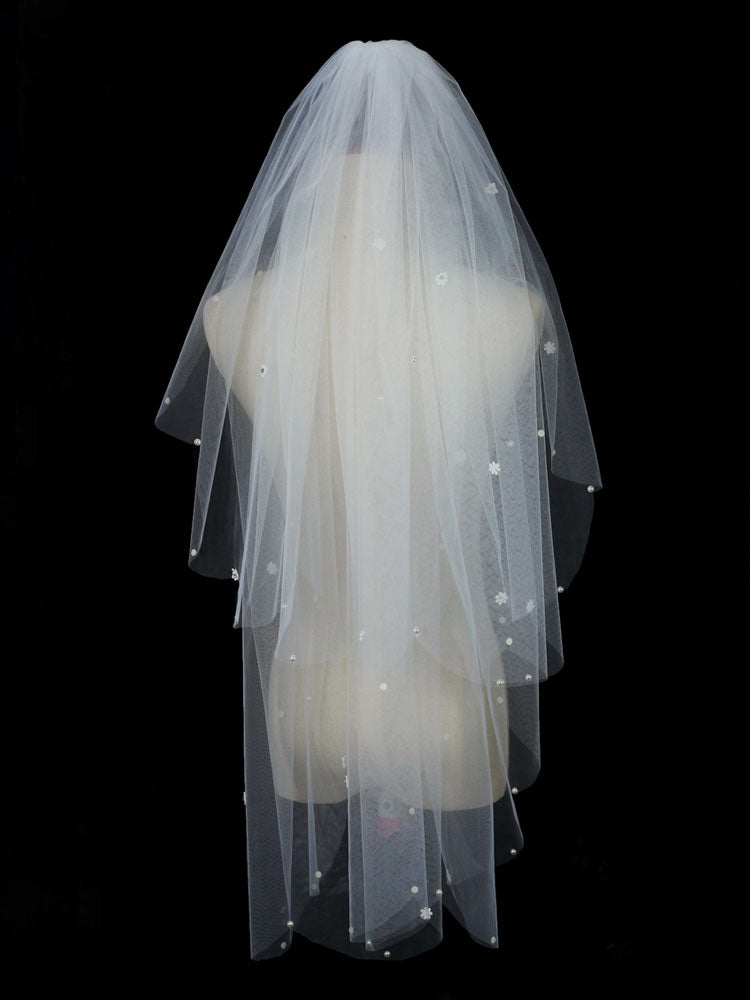 Classic Ivory Two-Tier Pearls Tulle Cut Edge Wedding Veil-Ballbella
