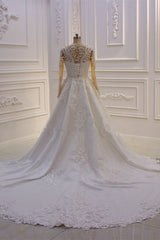Classic Jewel Long Sleevess Tulle Lace Sparkle Ivory Wedding Dress-Ballbella