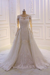 Classic Jewel Long Sleevess Tulle Lace Sparkle Ivory Wedding Dress-Ballbella