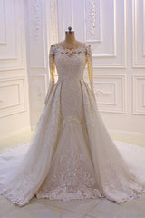 Classic Jewel Long Sleevess Tulle Lace Sparkle Ivory Wedding Dress-Ballbella