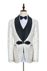 Classic Knitted Button Black Shawl Lapel Three Piece White Jacquard Wedding Tuxedo for Men-Ballbella