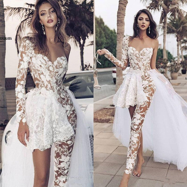 Classic Lace Jumpsuit Asymmetirc See through Overskirt White