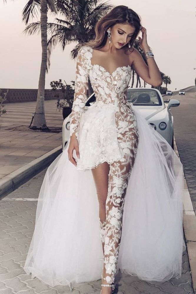 Classic Lace Jumpsuit Asymmetirc See through Overskirt White Wedding Dress  – Ballbella