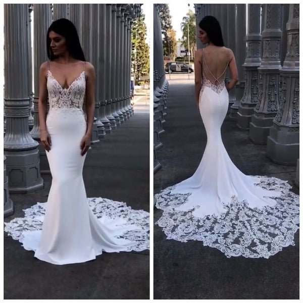Ballbella offers Classic Lace Mermaid Wedding Dresses Spaghetti Straps Backless Bridal Gowns at a good price ,all made in high quality. Extra coupon to save a heap.