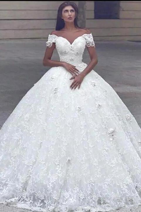 off white lace wedding dress Classic Lace Off the shoulder White Lace Ball Gown Wedding Dress